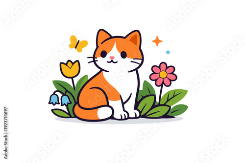 Spring pets outdoors curious cat sitting among spring flowers and leaves, expressing calm exploration, comfort and a peaceful outdoor moment. Minimalist flat
