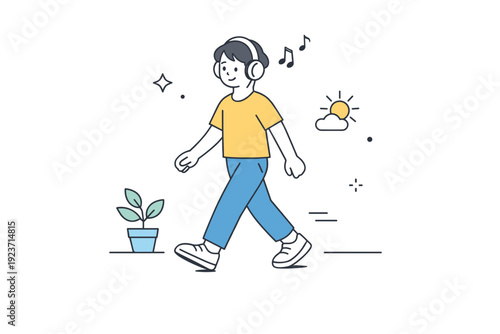 Short breaks. Person walking a few steps with headphones on. Light movement, clearing the mind between tasks. Minimalist flat vector illustration, thin and