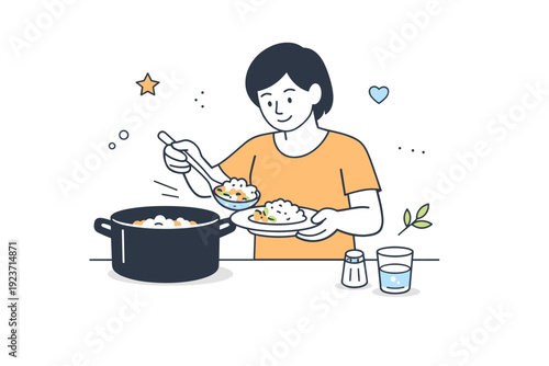 Gently Serving Meal. Serving spoon. Person gently serving food from a pot into a plate using a large spoon. Warm, calm action conveying care, routine, and