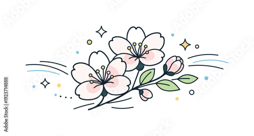 Delicate pink cherry blossoms with buds and leaves on a white background with decorative elements