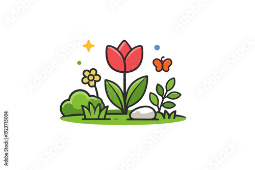 Springtime garden a simple garden scene with one main flower and supporting greenery, forming a clear visual metaphor for renewal and
