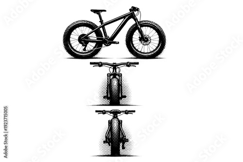 Bicycle minimal object mountain bike with thicker frame tubes, straight handlebars, and wide tire volume displayed from three side-based