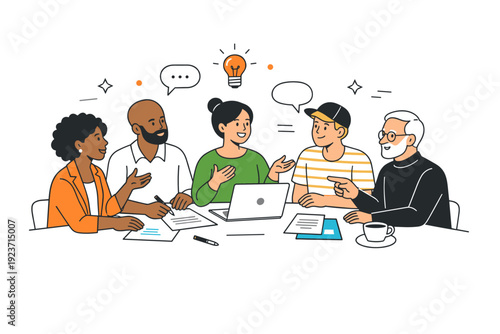 Diverse business meeting. People with varied appearances and styles exchange thoughts during a focused discussion, with documents and laptops neatly arranged.