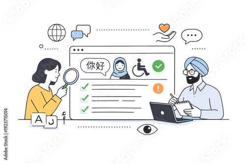 Cultural Accessibility Review. Ethical review and testing. Person or small team performing a cultural and accessibility check on localized content before