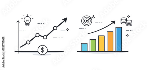 Business growth and financial success illustrated with charts and icons