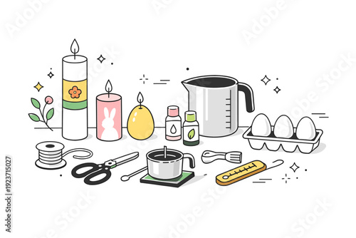 Easter candle making. Minimal workshop scene with handmade candles, wax blocks, and simple tools arranged neatly on a table. Calm creative