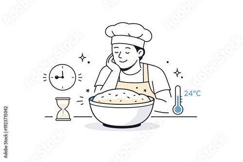 Artisan bread fermentation process. A baker calmly observing dough rising in a bowl, with subtle time and temperature icons nearby. The scene conveys slow