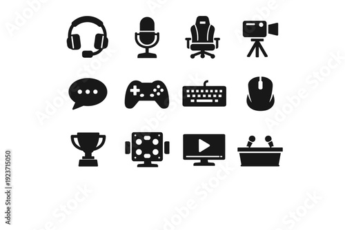 Esports commentators. Solid icon set of Esports commentators: gaming headset, esports microphone, gaming chair, live stream camera, chat