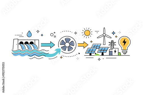 Water flow and energy transformation. An abstract editorial scene using arrows, waves, and simple icons to show water turning into clean