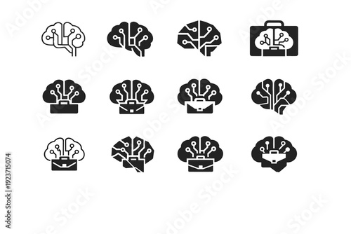 Artificial intelligence in business. Icon set. Set Logo of artificial intelligence in business: brain with circuit. harmonious logo variations of the same
