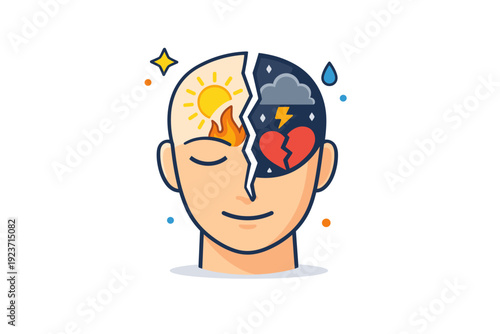 Inner Conflict Illustration. Inner conflict represented by a calm face with a subtle crack revealing contrasting inner symbols, hinting at hidden emotions