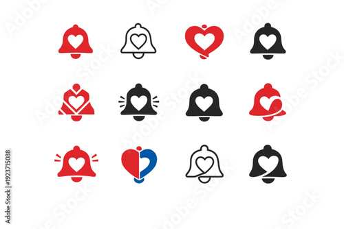 personal health monitoring apps. Icon set. Set Logo of personal health monitoring apps: notification bell with heart. harmonious logo