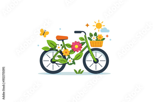 Spring Bicycle Bliss. Eco friendly spring lifestyle centered on a bicycle with flowers and leaves integrated into the frame, symbolizing green mobility and