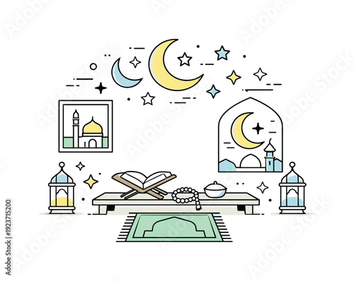 Islamic Ramadan and Eid celebration elements with crescent moon and mosque illustration