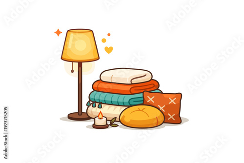 Warm lighting and soft textures a glowing floor lamp paired with folded blankets and cushions, expressing the feeling of warmth, safety and