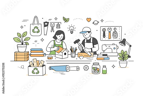 Eco-Friendly Workshop Scene. Sustainable upcycling. A small workshop scene with tools, reused materials, and plants arranged neatly. Calm productivity and