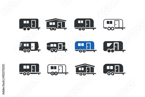 Temporary site office trailer. Icon set. Set Logo of Temporary site office trailer: trailer with window and door. harmonious logo variations