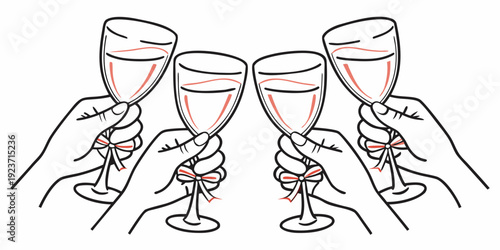 A simple line drawing depicts hands holding champagne glasses in a toast