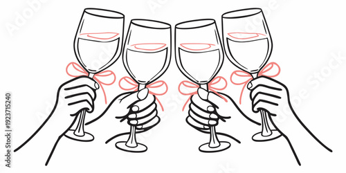 A celebratory toast with five wine glasses sketched in black and white