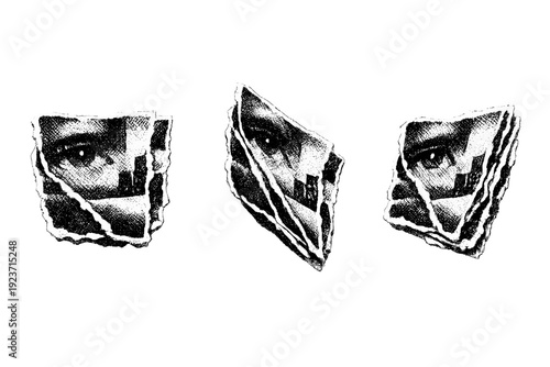 Torn halftone collage fragment represented as one standalone overlay object displayed in straight-on view, rotated view, and three-quarter angled