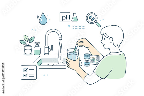 Home Water Testing. Home water testing routines. A calm editorial scene of a person at a kitchen sink using a simple water test strip to check tap quality. The