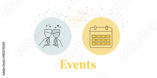 Celebration icons with glasses and calendar representing events planning