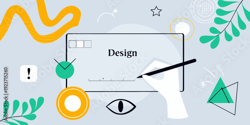 Conceptual illustration of design process with digital tools and elements
