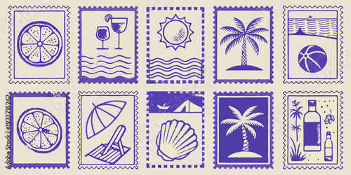 Collection of vintage style postage stamps depicting summer and tropical themes