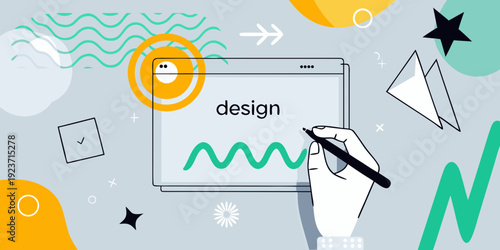 Modern graphic design concept featuring a laptop and creative elements