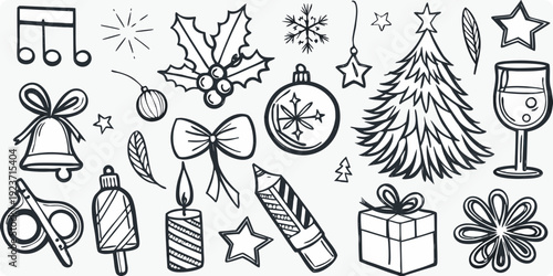 Festive holiday doodles include christmas tree ornaments and winter symbols