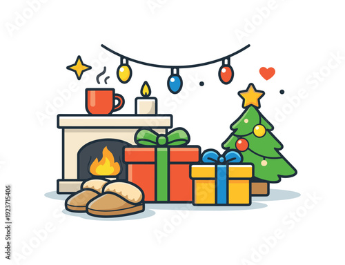 Cozy Christmas scene with fireplace, gifts, and decorated tree, festive holiday illustration