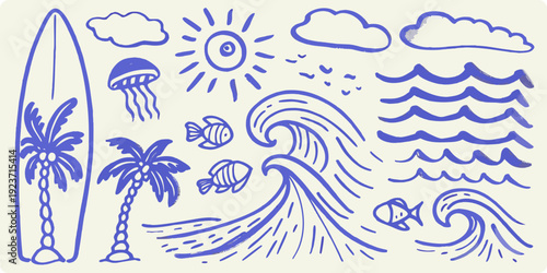 A playful doodle illustration of summer elements surf sun and sea