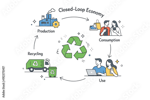 Circular Economy Diagram. Closed-loop economy illustration. A circular diagram with simplified factories, products, users, and recycling symbols connected by