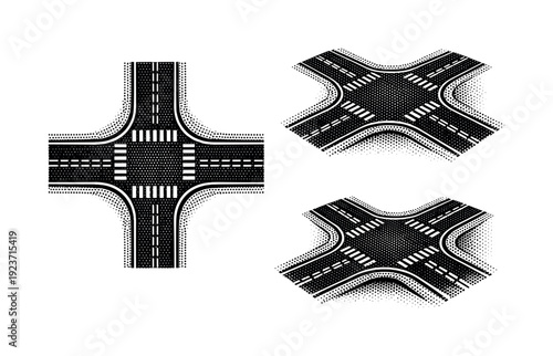 Set of stylized crossroad intersections with pedestrian crossings in a graphic style