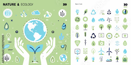 Nature and ecology themed icons depicting environmental conservation efforts