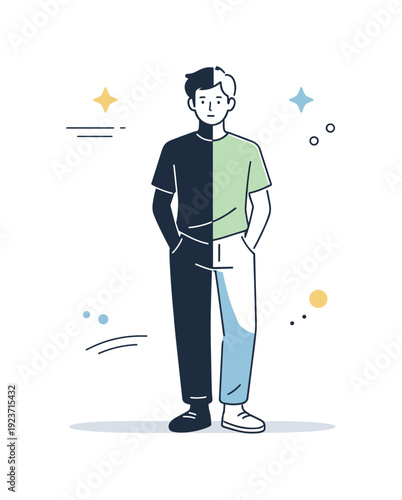 Man split in half with contrasting colors, representing duality and change