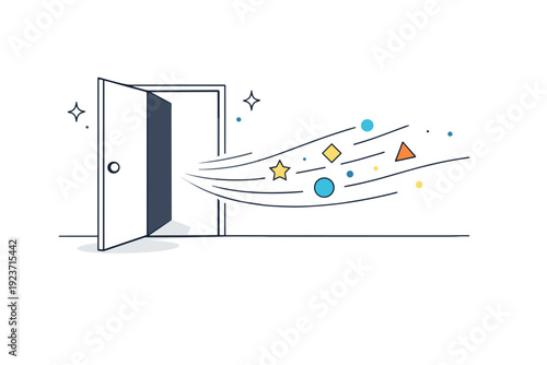 Open doors waiting. Abstract room with one open door, light motion lines and small floating decorative shapes drawing attention inward.