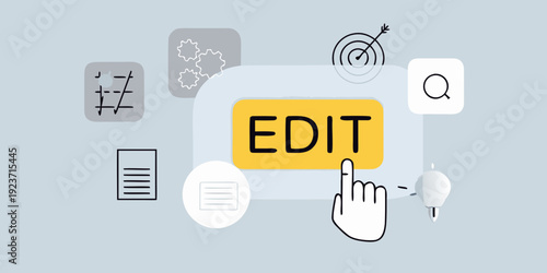 Digital editing interface with icons and a hand pressing edit