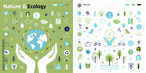 Protecting our planet hands cradling earth with nature icons