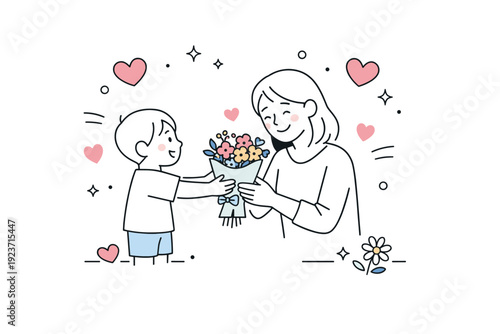 Mother?s Day. A warm scene of a child giving flowers to their smiling mother, with gentle hearts and soft decorative elements floating