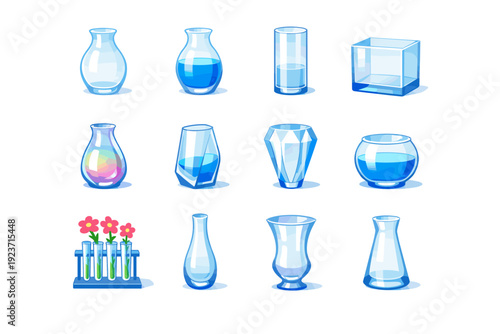 Glass flower vase. Colorful flat vector icons set of glass flower vase: transparent glass vase, clear water vase, cylindrical glass vase,