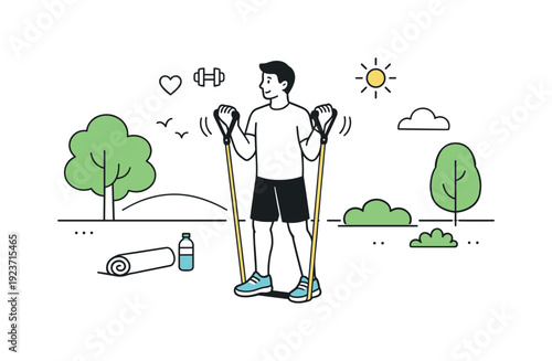Man exercising with resistance bands outdoors in a park setting with trees and sun