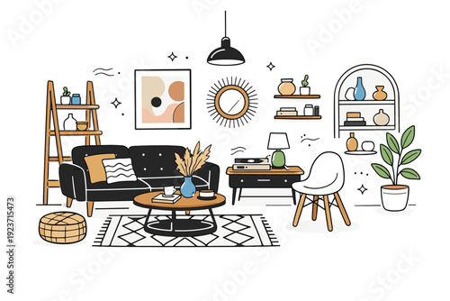 Interior style fusion. A room featuring mixed textures, contrasting furniture styles, and layered decor elements. Thoughtful design creating