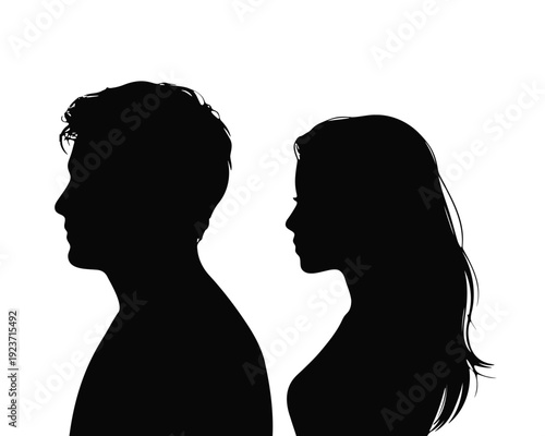 Black silhouettes of man and woman in profile facing each other on white background
