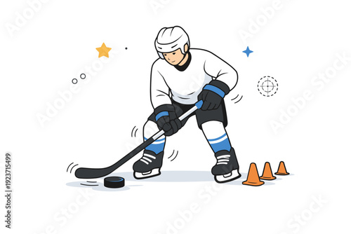 Hockey stick handling training. Focused practice scene with a player controlling the puck while standing still, knees slightly bent and eyes down, calm