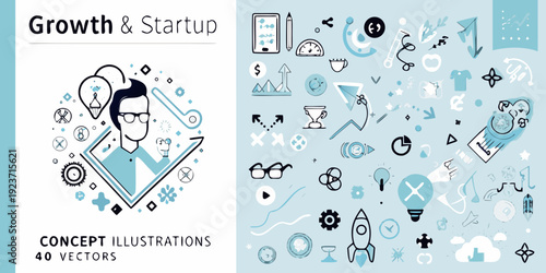 Growth and startup concept illustration with various business icons and doodles