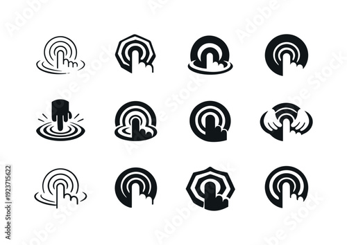 Collection of twelve different click icons with a finger touching a target