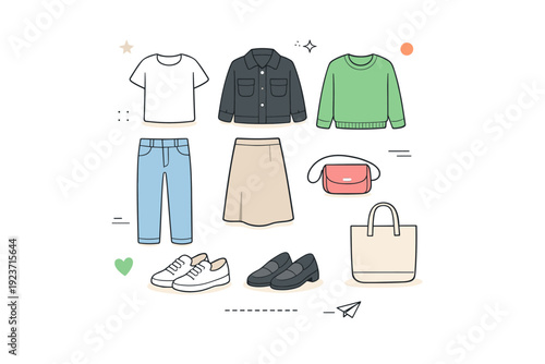 Minimal wardrobe flat lay. Limited outfit pieces arranged with space between items. Clean modern feel emphasizing balance, restraint, and