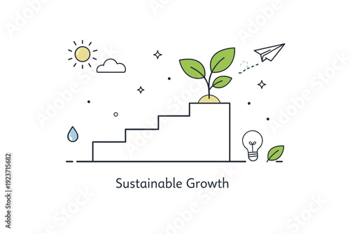 Sustainable growth concept. A calm editorial scene showing a young plant growing upward from a simple chart or steps, symbolizing balanced progress and