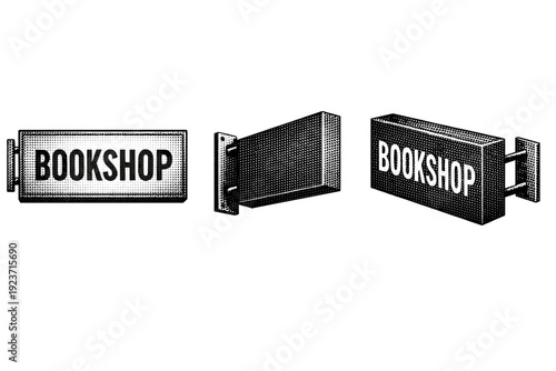 Bookshop Sign Angles. Bookshop projecting sign. A realistic bookshop projecting sign shown as a single object from three different angles: front view, side